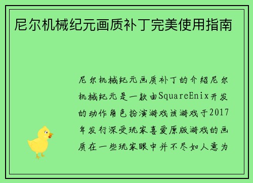 尼尔机械纪元画质补丁完美使用指南